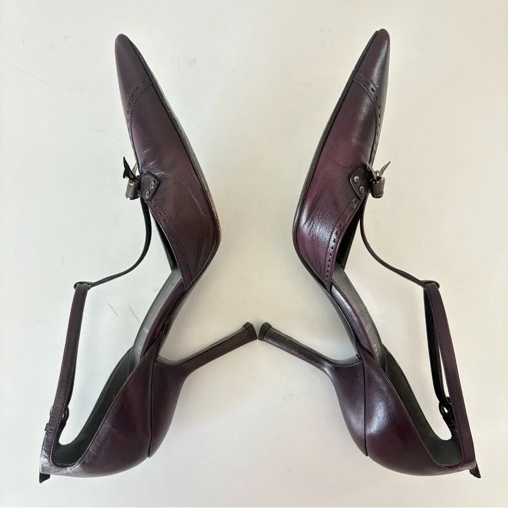 Miu Miu Dark Burgundy Leather Ankle Strap Pointed Toe Women’s Pump Heels US Sz 7 - Picture 7 of 13